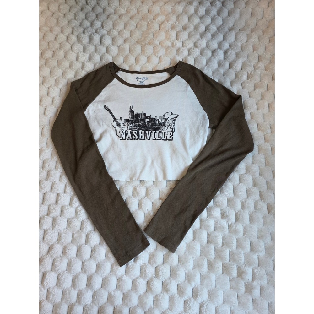 John Galt Nashville Graphic Raglan Long Sleeve Cropped Baseball Tee Brown White